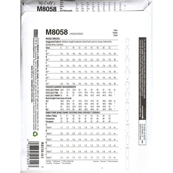 McCall's M8058 Misses 6 to 14 Fitted Dresses Uncut Sewing Pattern New - Picture 2 of 2